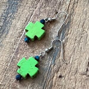Green Stone Cross Earrings with Blue Beads